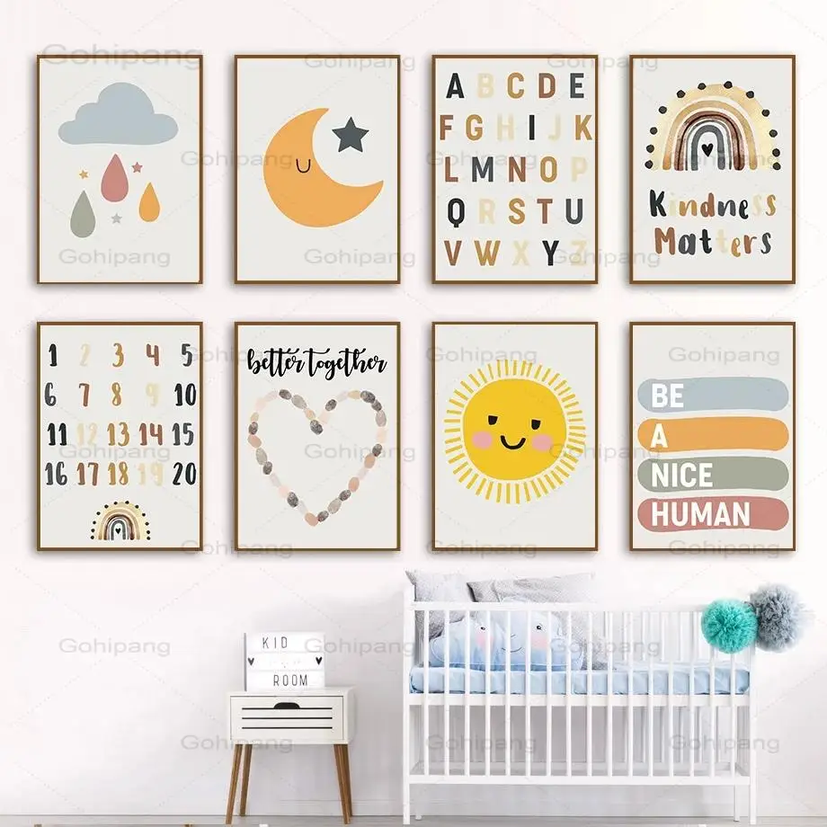 

Canvas Painting Alphabet Number Sun Moon Rainbow Quotes Wall Art Posters and Prints Nordic Wall Pictures Child Kids Room Decor
