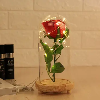 

Rose Flower And USB Powered LED Light String In Glass Dome On Wooden Base The Best Gift For Women
