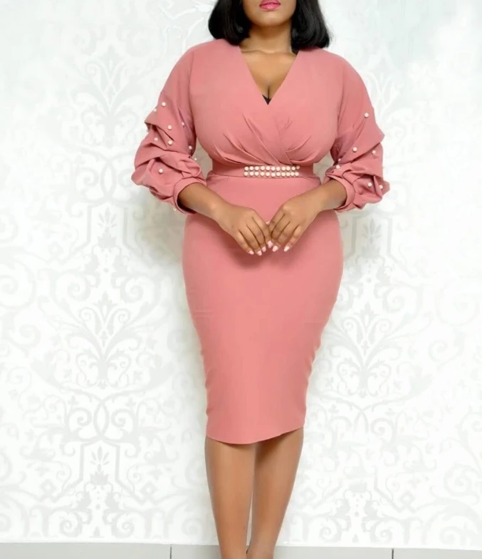 

2019 explosion models multi-layer pleated V-neck beaded wavy sleeves large size dress female