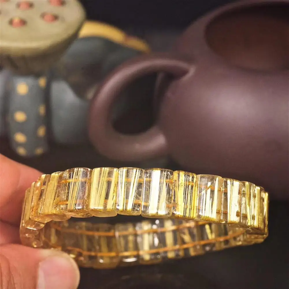 

Top Natural Brazil Gold Rutilated Titanium Quartz Bracelet 13x7mm Crystal Woman Man Wealthy Rectangle Beads Bracelet AAAAA