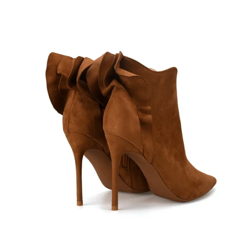 KATELVADI/зимние ботильоны с острым носком; обувь на высоком каблуке 10 см; женская однотонная обувь из флока коричневого цвета с боковой молнией; модная женская обувь в сдержанном стиле; K-484