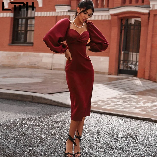 LTPH Hot sale 2020 autumn winter new women dress sexy tube top low collar puff sleeves solid color long fashion pencil dresses 4