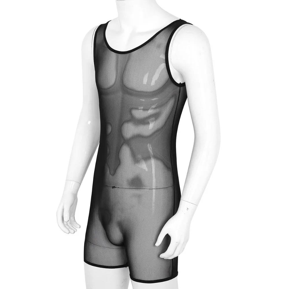 Men Sexy Sheer Mesh Jumpsuit Bodysuit Bulge Pouch Wrestling Singlet Lingerie One Piece Leotard Gay Underwear Briefs
