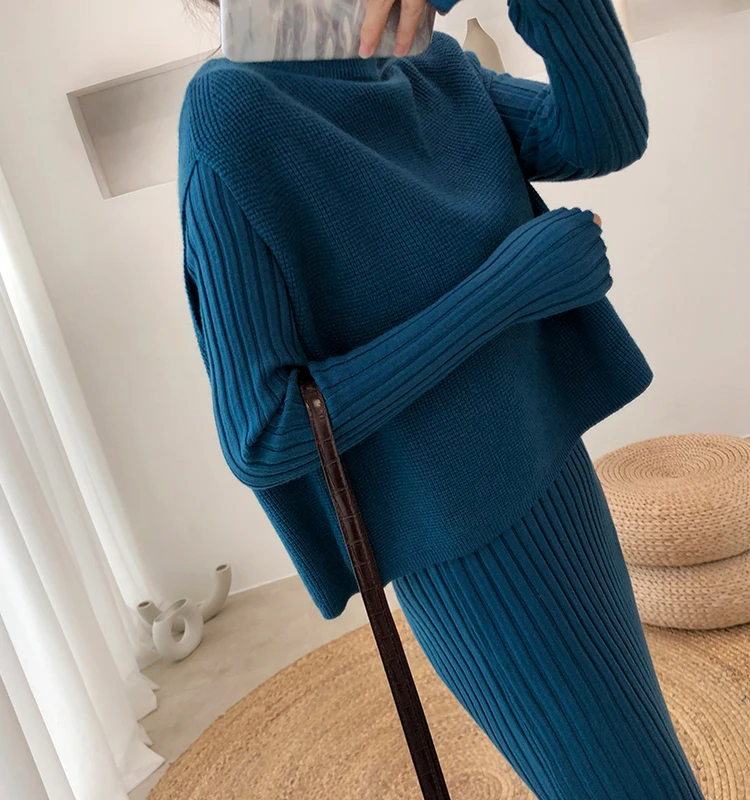 Knitted Two Piece Set Winter Outfits Turtleneck Sweater And Bodycon Midi Dress 2 Piece Set Women Dress Set Matching Sets Clothes
