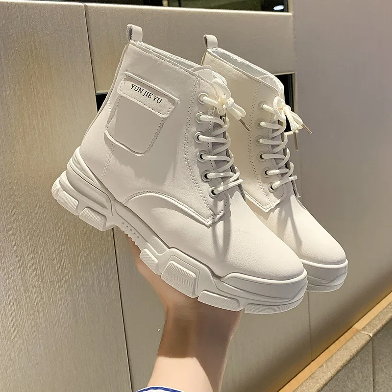 Martin boots-Botas de felpa de un solo forro con bolsillo pequeño para mujer, con cordones delanteros de viento británico