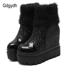 Gdgydh paño con lentejuelas botas de invierno zapatos mujer plataforma cuña Zapatos para mujer negro gris 2019 nueva marca punta redonda gota envío(China)