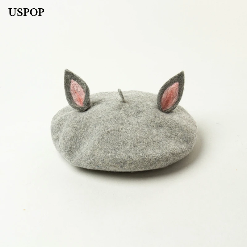 

USPOP 2019 New fashion wool berets for women hand made cartoon ears decorated beret hat winter warm hats parent-child hats