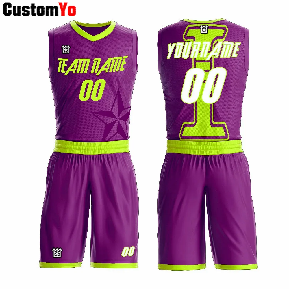Comfortable Green And Purple Sleeveless Basketball Uniforms Printing Number Basketball Shorts - Цвет: Purple Yellow