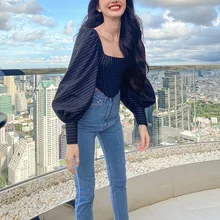 

2021 Fall Summer Ladies Striped Tops Square Neck Irregular Short Lantern Sleeve Striped T-Shirt Woman Korean Navy Blue Tshirt