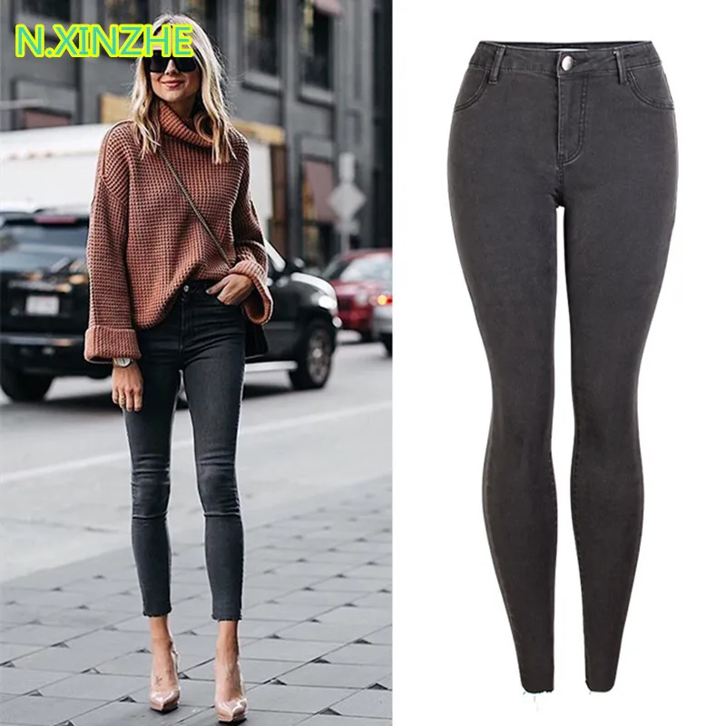 

2019 women plus-size clothing Mid waist washed gray long jeans Female casual fashion skinny stretch denim pencil pants AM184