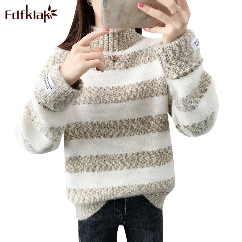 Fdfklak Женский пуловер с воротником средней высоты из синели, осенне-зимняя утепленная одежда, женские модные свитера в полоску с длинными рукавами
