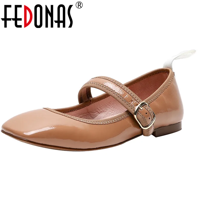 

FEDONAS Women Cow Leather Party Prom Pumps Spring Summer Loafers Slip On Metal Buckle Flats Square Toe Vintage New Shoes Woman