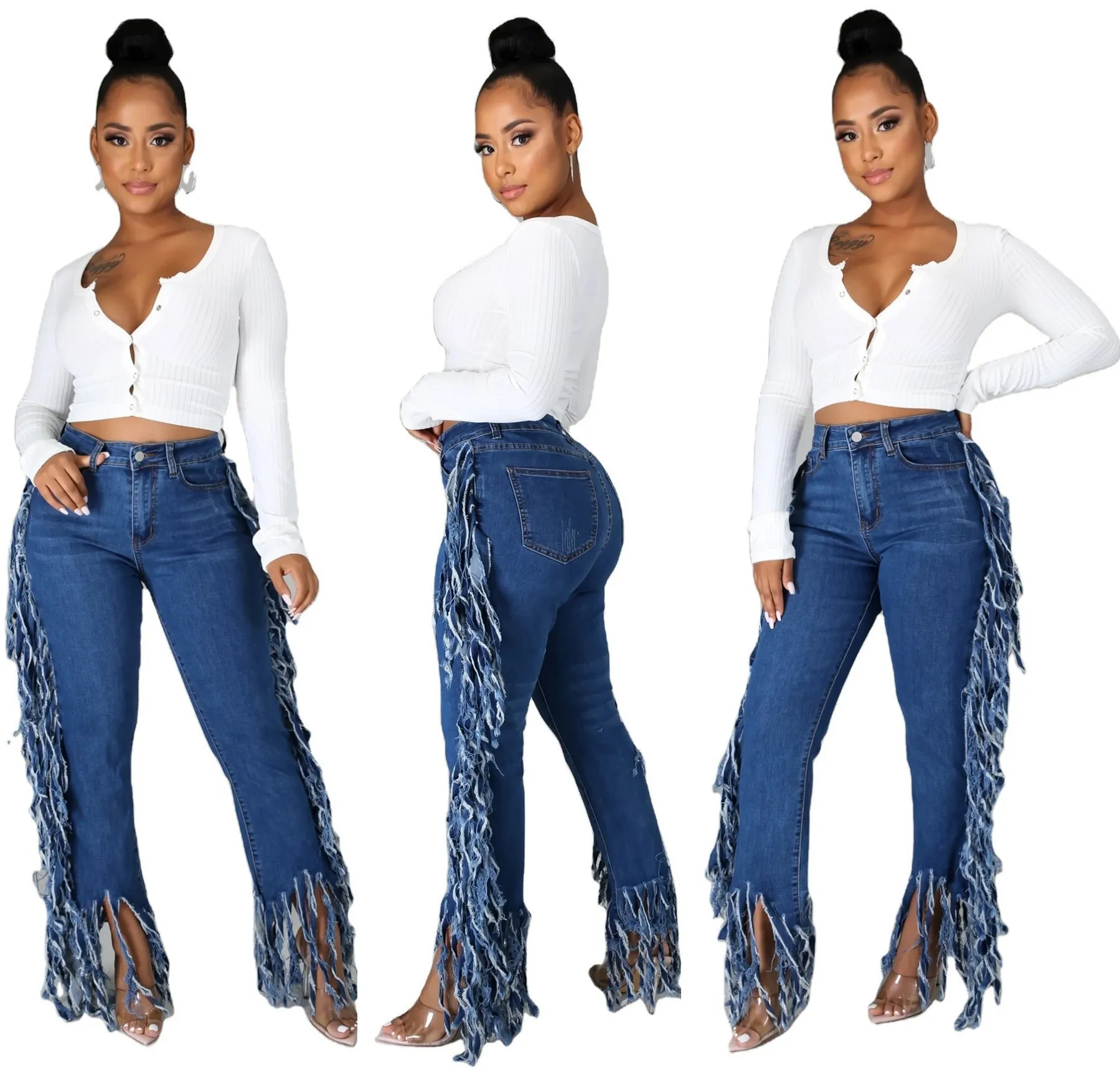 

Double Side Tassel Patchwork Blue Jeans Women Fashion Slim Mid Waist Straight Jeans Female Casual Loose Denim Pants Streetwear