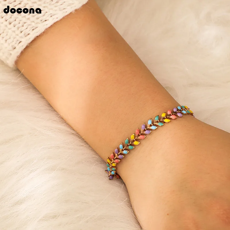

docona Colorful Leaf Arrow Chains Bracelet for Women Simple Leaves Adjustable Bracelet Anklet Party Jewelry C05104