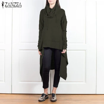 

ZANZEA Women Casual Solid Sweatshirt 2019 Fashion Stylish Irregular Hem Long Sleeve Pullovers Casual Turtleneck Pockets Hoodies