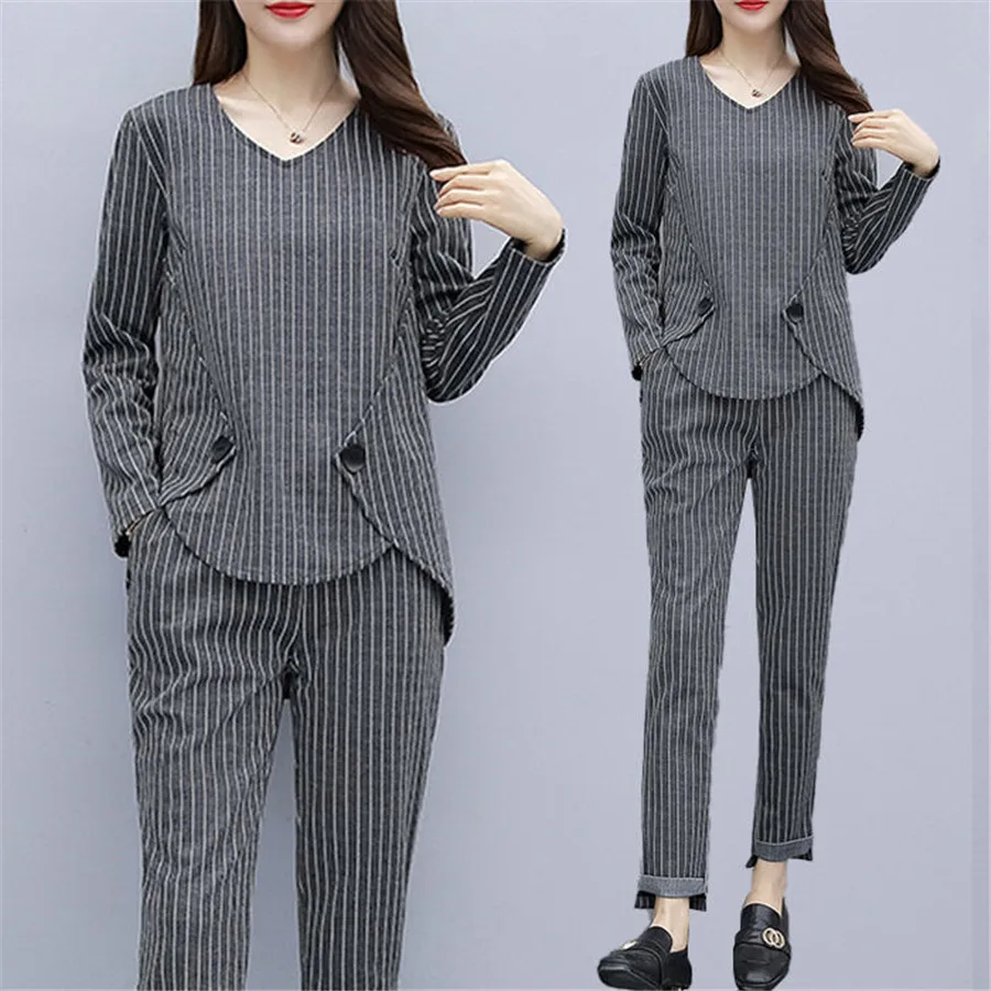 as picture 4XL 5XL плюс Размер спортивный костюм комплект из двух предметов женский топ с длинными рукавами и длинные штаны Модный Полосатый Принт Женский комплект спортивная одежда - Цвет: as picture