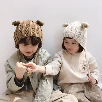 

Autumn and Winter New Kids Cartoon Bear Round Ear Wool Cap Children Wool Cap Handmade Baby Headgear Cute Hats for Girls and Boys