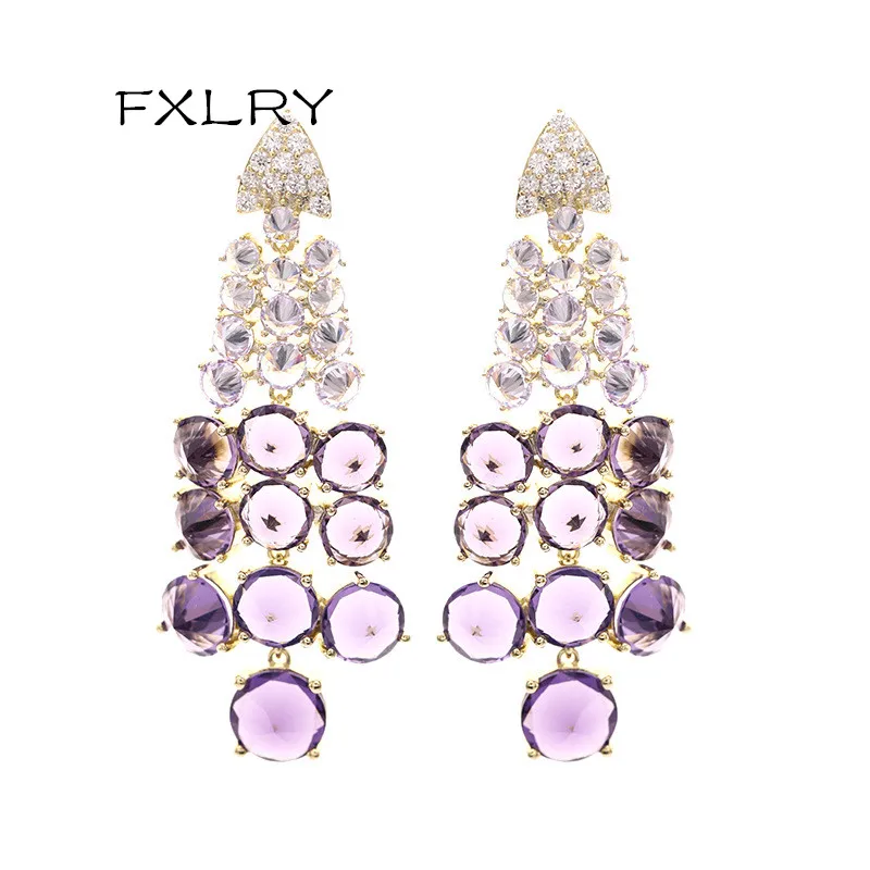 

FXLRY высококачественные модные длинные геометрические фиолетовые серьги в форме винограда с кубическим цирконием для женщин Свадебные украшения