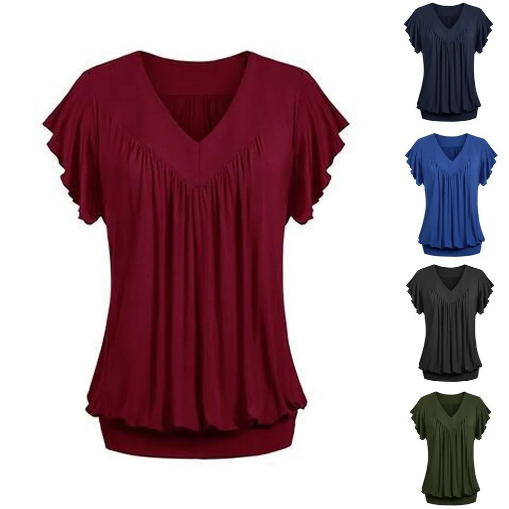 Plus Size Fashion Women Ladies Solid Pleated V Neck Tops Short Sleeve Shirts Loose Blouses Tunic Tops Summer Blouse Female Blusa