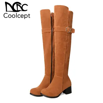 

Coolcept Knee High Boots For Women Round Toe Side Zipper Square Heels Shoes New Knight Boots Women Footwear Size 32-43