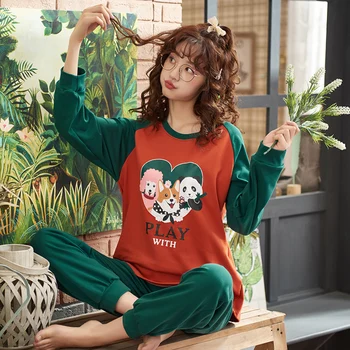 

Perfering Hot Sale Women Pajamas Set 2 /PCS Cotton High Quality Cartoon Long Sleeve Cute Sleepwear Casual Homewear Female Girl