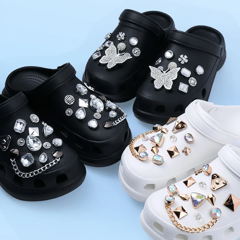 Vendita Calda 1 Set Croc Shoes Charms Gold Silver Bling Chain Diamond Gem Fashion Shoe Decorations For Kids Women Girls Teenager