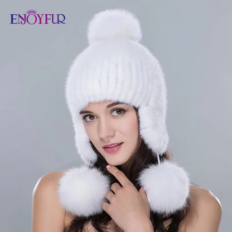 Женская шапка бини с ушами ENJOYFUR, теплая вязаная шапка из натурального меха норки с меховым помпоном на зиму