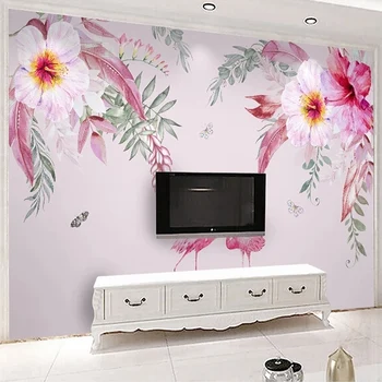 

Photo Wallpaper Modern Hand-painted Pink Birds Watercolor Flowers Murals Living Room Bedroom 3D Waterproof Wallpapers Stickers
