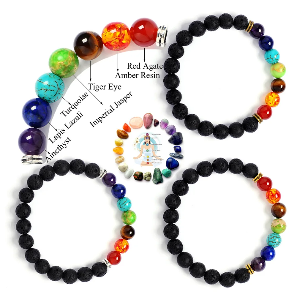 Vendita Calda 8Mm Braccialetti Di Lava Vulcanica Testa Di Buddha Testa Di Leone Yoga Braccialetto Di Energia Tigereye Sette Chakra Braccialetto Per Re