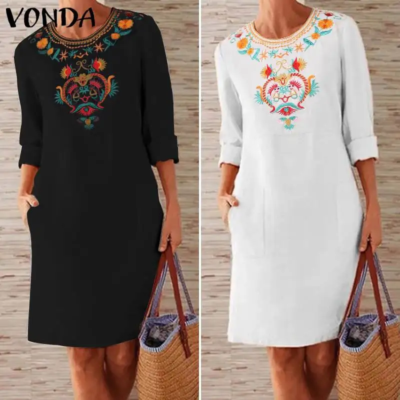 Женский пляжный сарафан VONDA, винтажное повседневное хлопковое мини-платье с принтом, туника в богемном стиле, Vestidos, элегантное женское платье с круглым вырезом