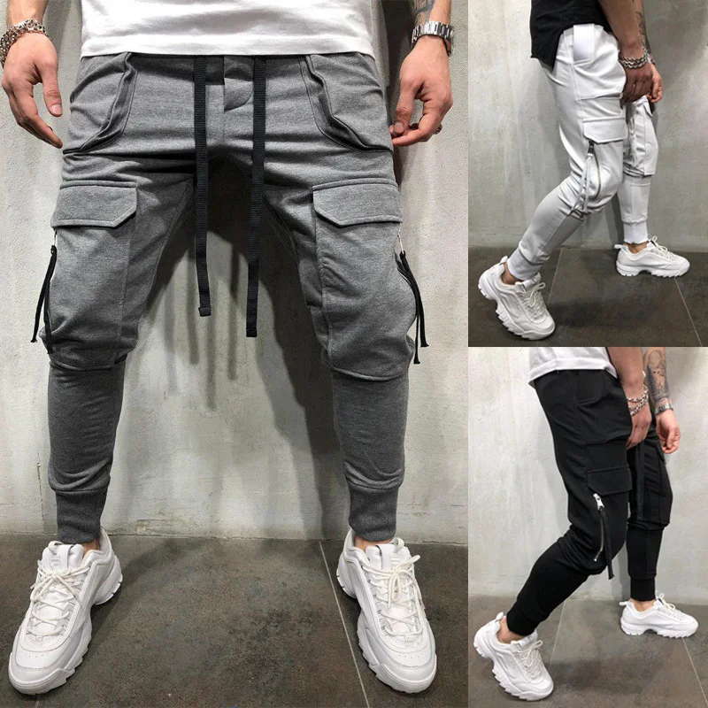 Men's Casual Overalls New Pocket Fitness Belt Mouth Pencil Pants Fashion Pure Cotton Sports Pants Hip Hop Joggers Men Pants 2019