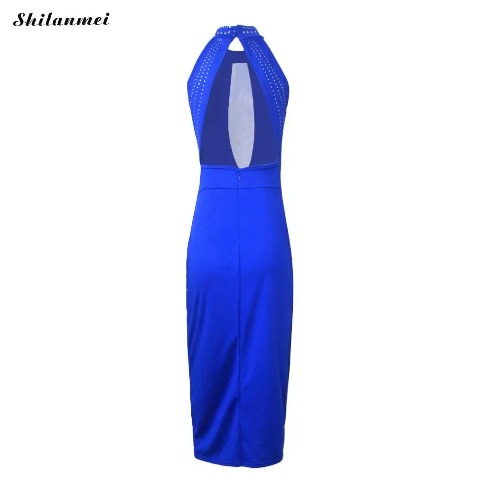 Halter Bodycon Evening Party Dress Women Hollow Out Rivet Design Sexy Club Sheath Dress Transparent Mesh Midi Bangdage Dress