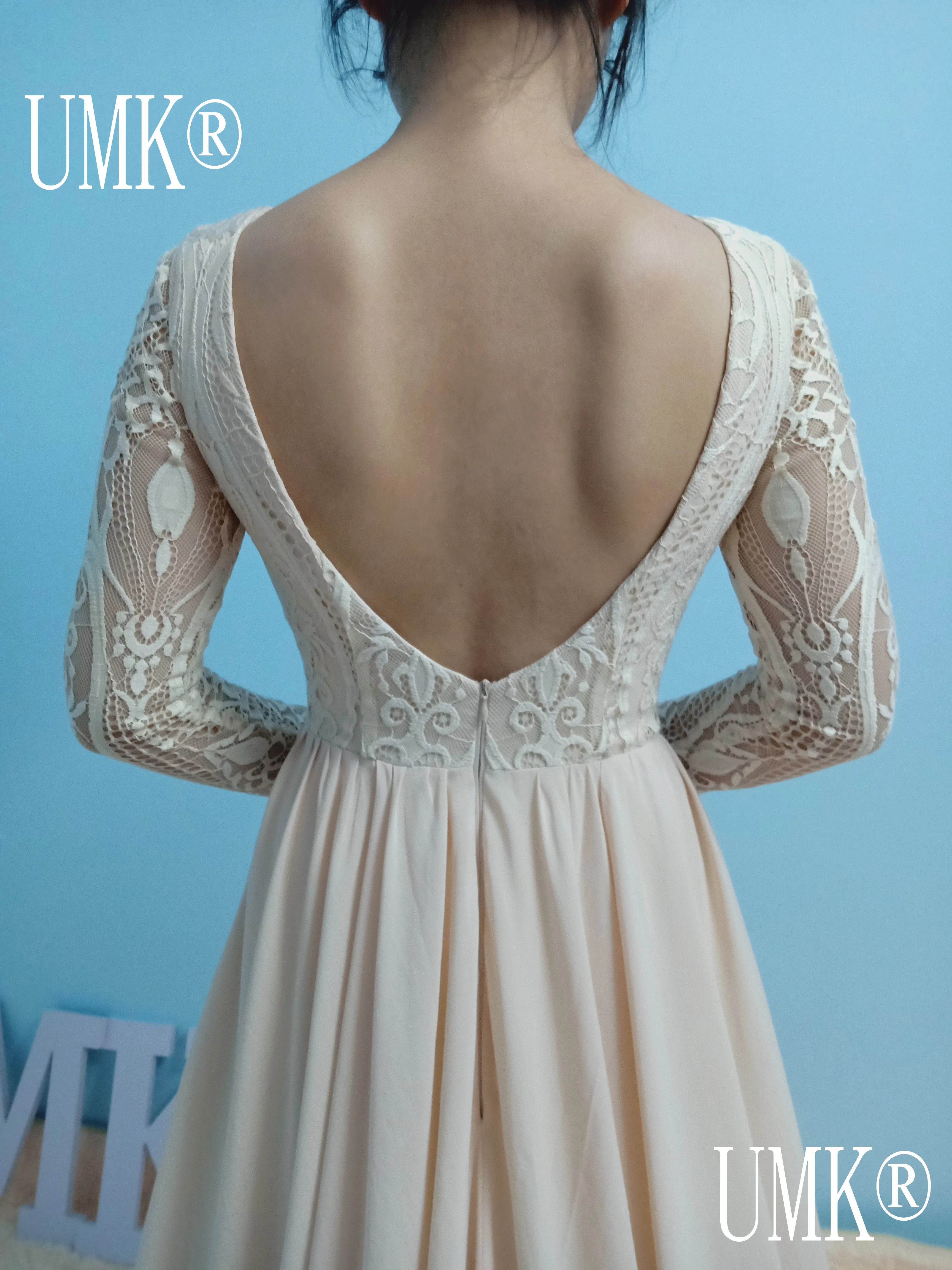 UMK Шампанское шифон пляжное свадебное платье кружева с длинным рукавом Boho Vestido De Noiva сексуальные свадебные платья с глубоким вырезом на спине реальные фотографии