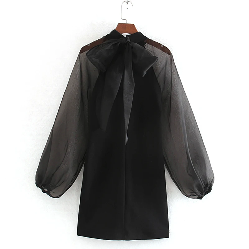 

AGong Patchwork Dresses Women Fashion Bow Slim Dress Women Elegant Perspective Puff Long Sleeve Mini Dresses Female Ladies KH