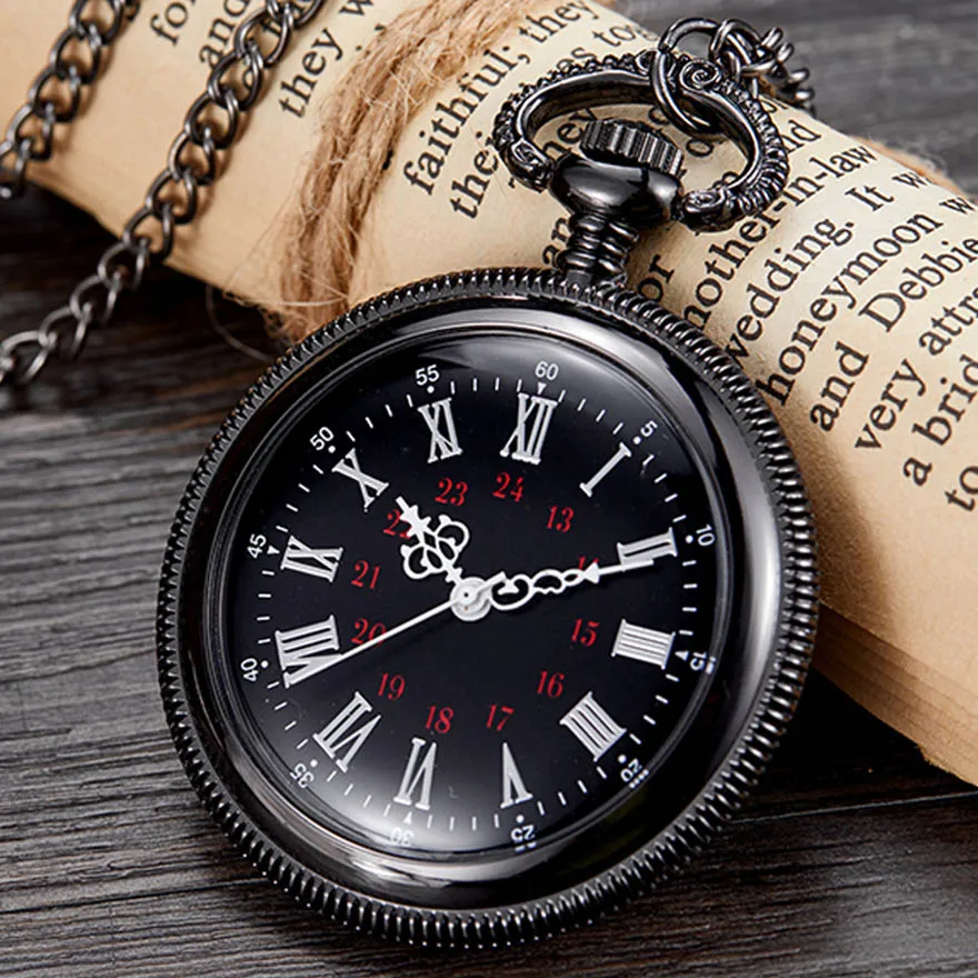 High Quality Clock Антикварные карманные часы Кварцевые Fob часы для мужчин стимпанк римские цифры Россия Популярные черные цепи часы Прямая - Цвет: High Quality Clock