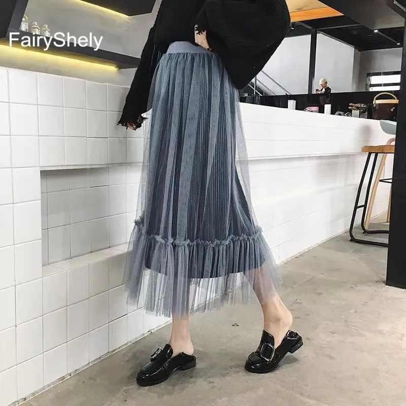 FairyShely осень зима розовый тюль юбки женские бархатные плиссированные длинные юбки для дам эластичная лента Высокая талия Теплая юбка миди