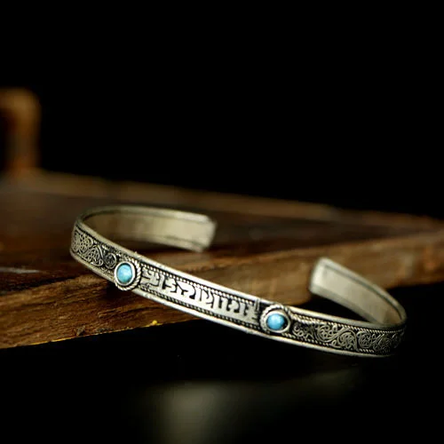 

charming Handcraft Tibetan Silver Inlaid Turquoise carved six character proverbs Bracelet