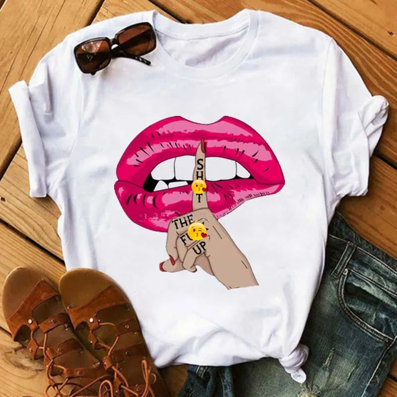 Maycaur Fashion Leopard Lips Printed T Shirt Women Summer Short Sleeve Lips T-shirt White Tees Shirt Harajuku Korean Street Tops cute summer crop tops Tees