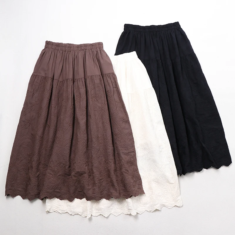 2020 New Summer Women Skirt Japan Style Mori Girl Literary Loose Cotton Embroidered A-Linen Skirts | Женская одежда