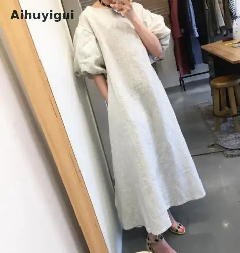 Aihuyigui 2019 Новое Осеннее женское Легкое свободное платье с круглым вырезом платье с рукавами фонариками Spilt Полосатое Повседневное платье Mujer