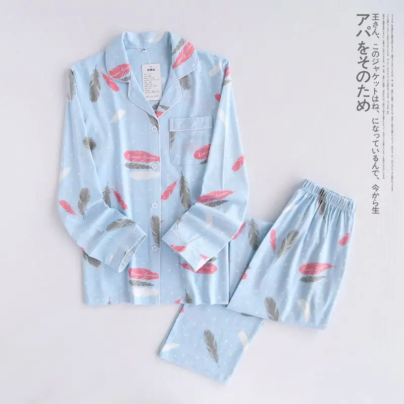 

Spring New Ladies Pajama Set Feather Printed Full Cotton Fresh Style Sleepwear Set Women Turn-down Collar Female Casual Homewear