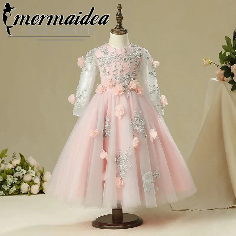 

New Luxury Children Girls Appliques Flowers Princess Birthday Wedding Party Dress Kids Babies Ball Gown Lace Pageant Dress Gift