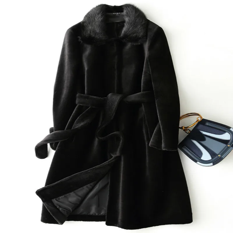 

Real Fur Coat with Mink Fur Collar Fashion Winter Coat Women Clothes 2020 Korean Thick Warm Long Wool Jacket+belt X-85