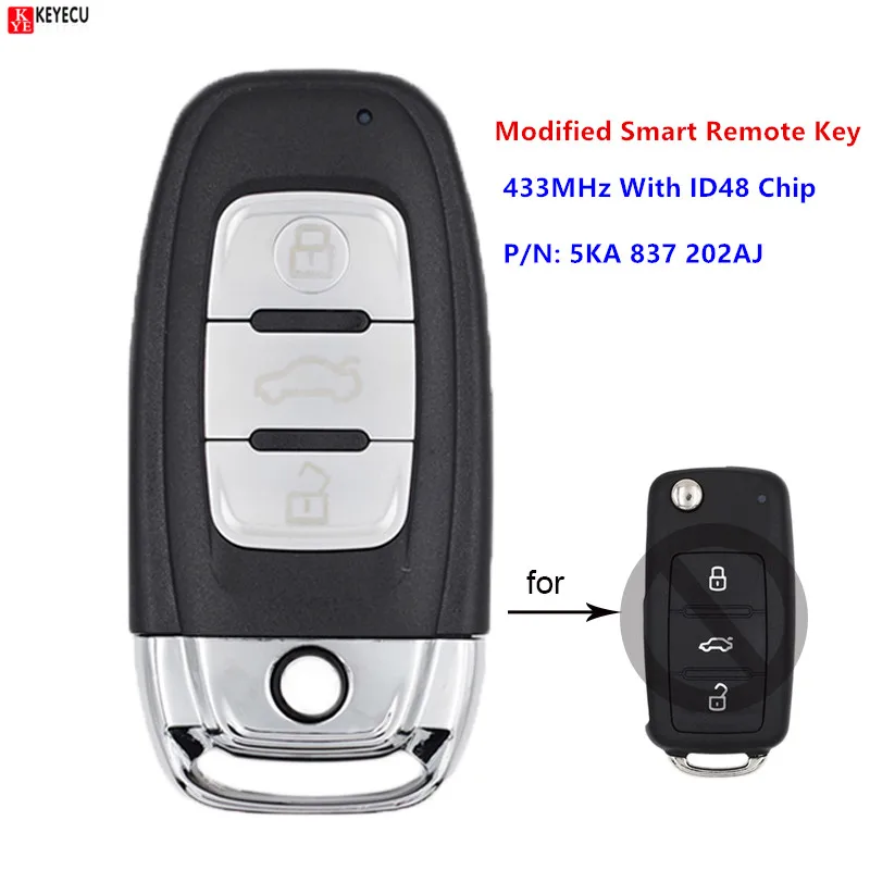 Пульт дистанционного управления Keyecu ID48 433 МГц 3 кнопки для VW Sagitar Passat Tiguan Bora Lavida P/N: