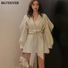 BGTEEVER Elegant Women Blend Coat Vintage Puff-sleeve Belted Female Woolen Coats Autumn Winter Office Ladies Overcoats Jackets