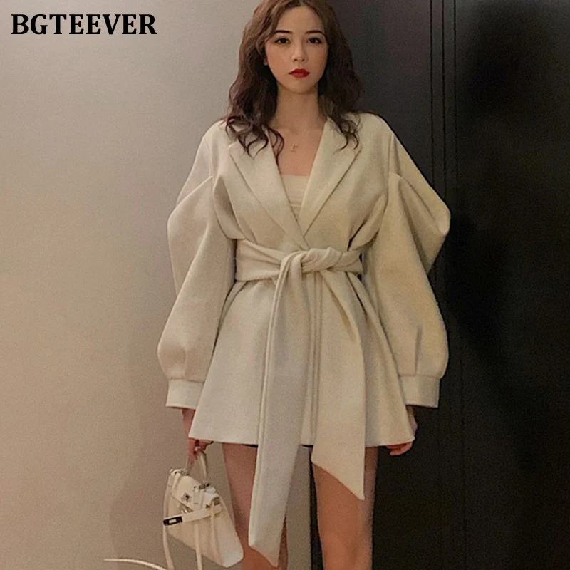 BGTEEVER Elegant Women Blend Coat Vintage Puff-sleeve Belted Female Woolen Coats Autumn Winter Office Ladies Overcoats Jackets |