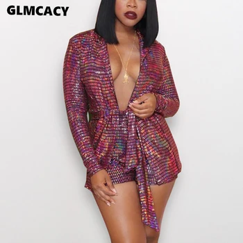 

Women Two Pieces Party Clubwear Metallic Open Stitch Jacket Top and Shorts Set Sexy Night Out Streetwear