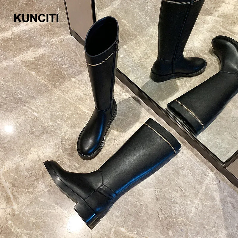 KUNCITI/; женские зимние сапоги до колена; сапоги на квадратном каблуке; ботинки в байкерском стиле; женская обувь на молнии; высококачественные высокие сапоги; B912