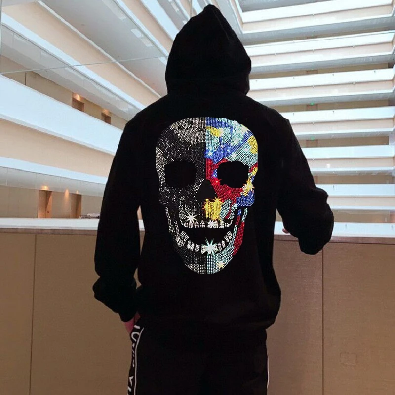 

Winter Rhinestone Skull Shiny Male New Hat Hoody Super Exquisite Sweatshirt Classic Handsome Thickening Men's Hoodies