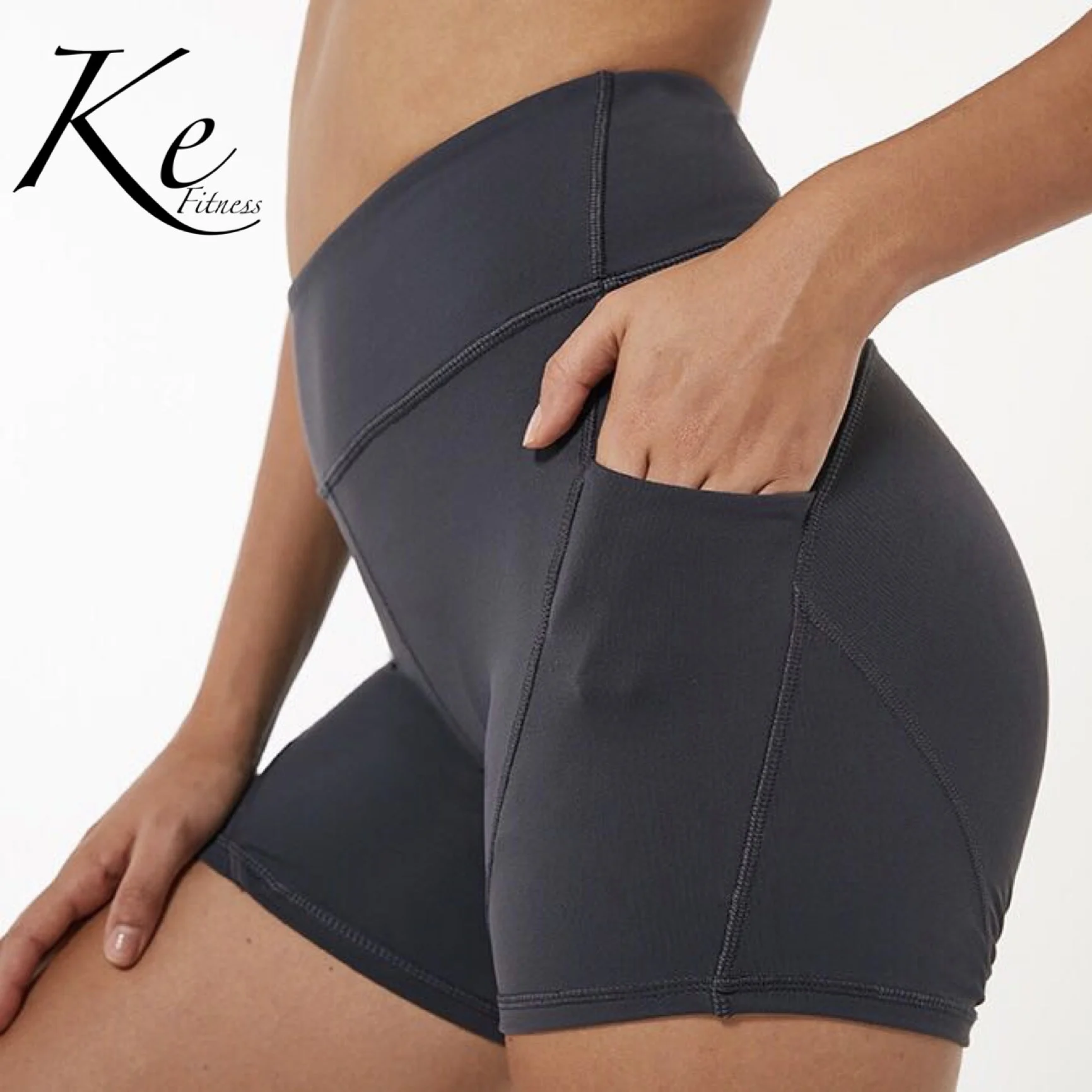 Verde do Exército Lateral da Pele da Cintura Calções de Fitness Preto Bolso Alta Três Mulheres High Elastic Yoga Shorts Apertados ke